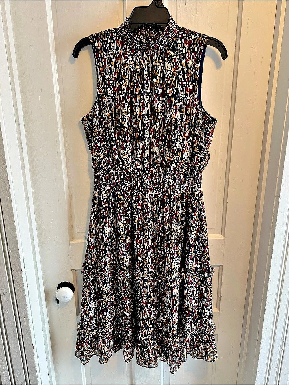 Sleeveless Mock Neck Abstract Print Midi Dress